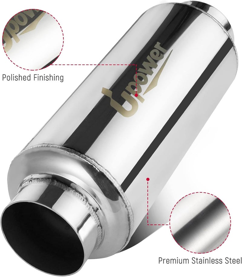 U-Power 2.5" Inlet&Outlet Exhaust Resonator,4" x8.5" Body 11.5" Overall Length Center Straight Through Stainless Steel Muffler,Polished - Image 4